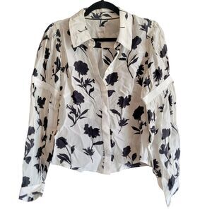Anthropologie Maeve Long Sleeve Shirred Blouse Size Medium in black and white